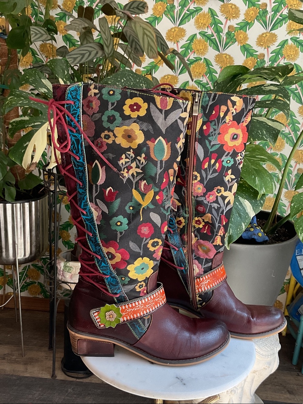 Floral Pattern Burgundy Leather-Trim Women's Knee Boots - Picture 2 of 7